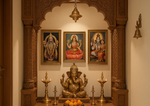 Interior temple design in traditional Indian style, suitable for home interiors. Format JPG.